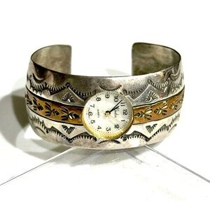 Signed - Ken & Mary Bill Navajo Vntg Sterling Silver Gold Wash Watch Cuff